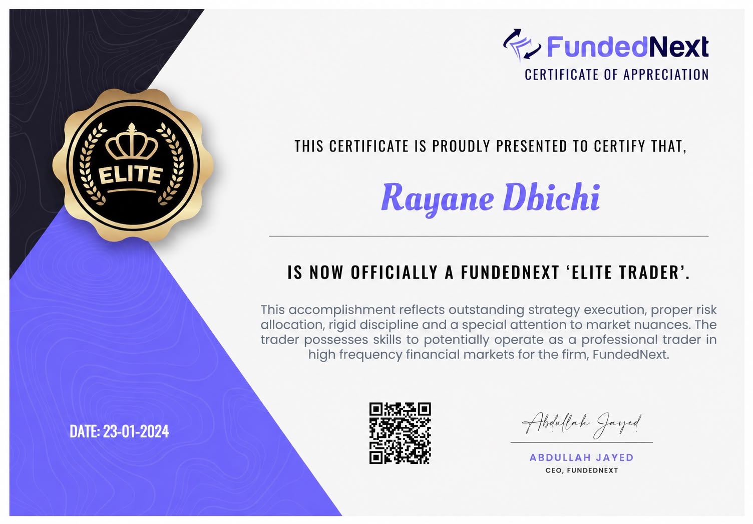 FundedNext Elite Trader Certificate - Rayane Dbichi