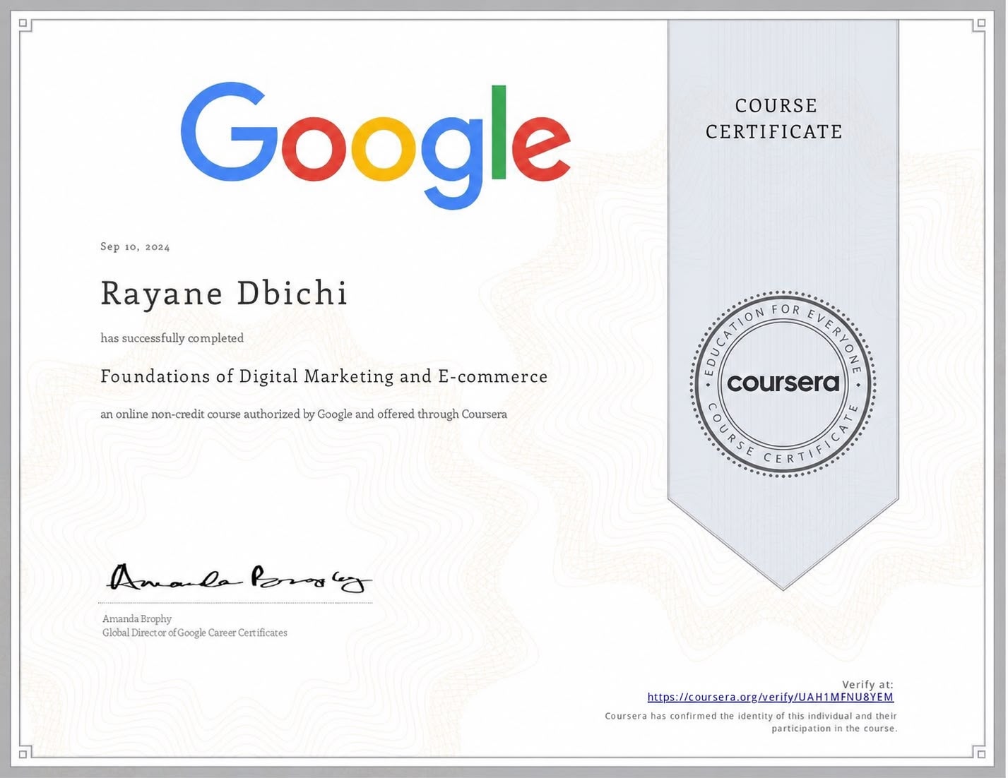Google Foundations of Digital Marketing and E-commerce - Rayane Dbichi