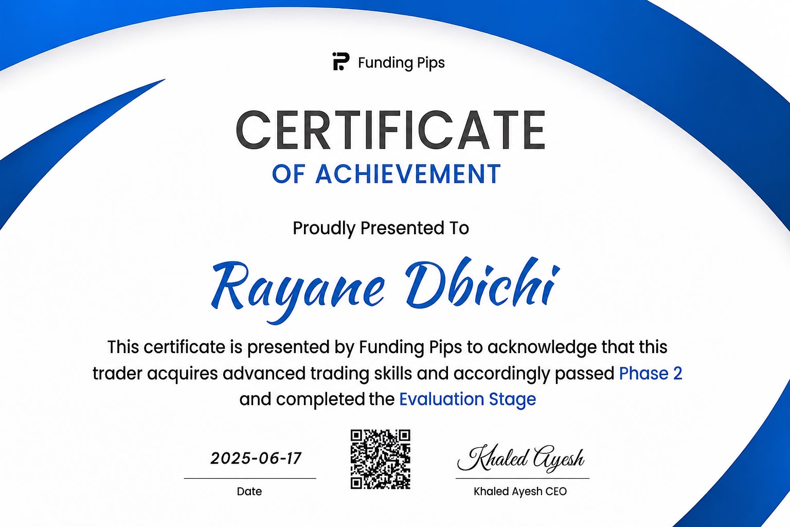 Funding Pips Certificate of Achievement - Rayane Dbichi